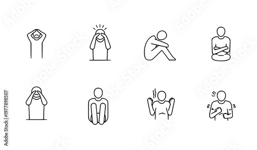 Minimal sad and worried people line icon set stress anxiety emotional symbols vector