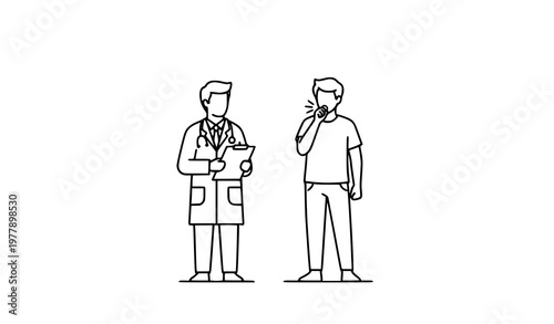 Doctor and coughing patient outline vector medical consultation line illustration