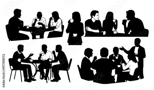 Friends coffee hangout silhouette vector people talking and socializing collection
