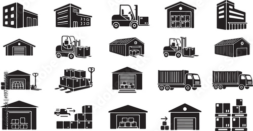 Industrial Buildings and Logistics Icons in Black and White