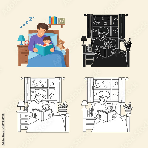 Father reading book to child in bed at night with teddy bear and lamp on nightstand  peaceful bedtime scene