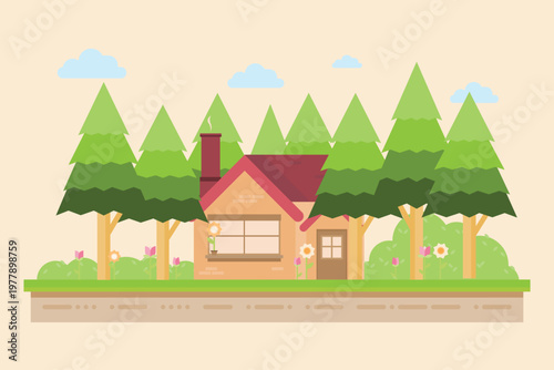 Flat vector illustration of a cozy countryside house surrounded by green trees and nature. Simple rural landscape with warm colors, perfect for real estate, nature, or peaceful living concepts.