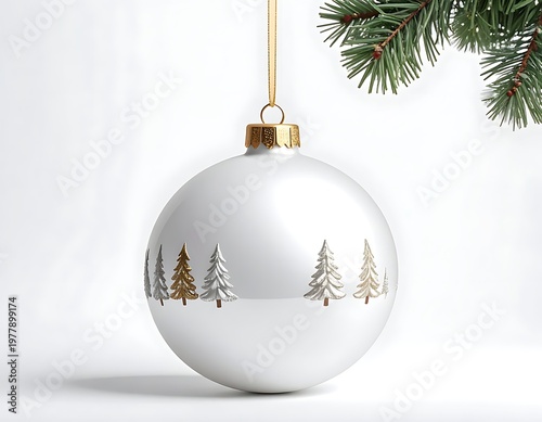 A shiny white ornament, adorned with stylized silver and gold tree silhouettes, hangs with a golden string. Evergreen branches frame the scene