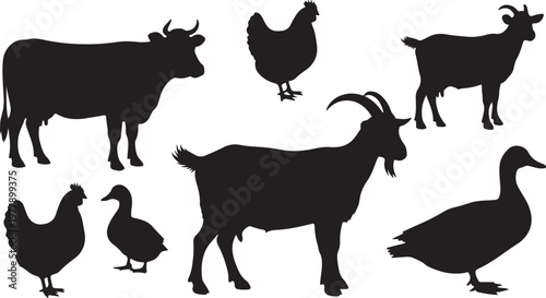 Black silhouettes of farm animals on white background illustration