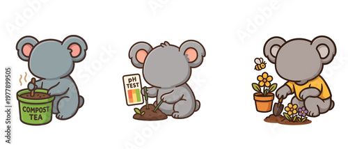 Cute koalas gardening with soil and flowers illustrations