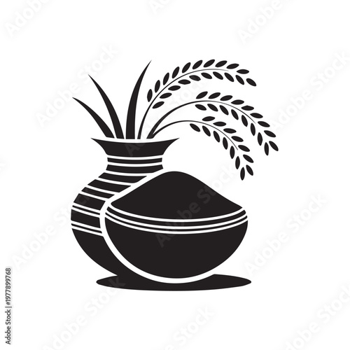 Pongal festival symbol with rice pot and sugarcane stalks black silhouette design representing traditional indian harvest celebration culture.