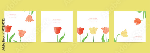 水彩画。水彩タッチのチューリップの春ハガキデザイン。春のチューリップベクターイラスト。
Watercolor painting. Spring postcards featuring watercolor-style tulips. Each postcard features a different design illustration of spring tulips.