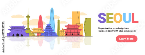 Seoul skyline travel landmarks modern cityscape colorful traditional and contemporary buildings clouds reflection white background website banner