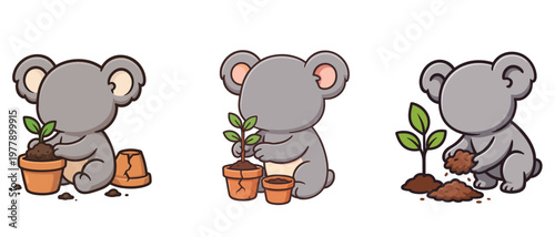 Cute koala planting and potting young plants