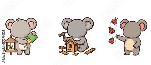 Koala feeding birdseed and building birdhouse