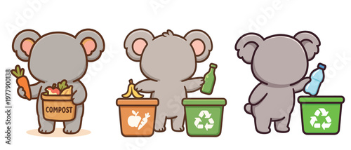Cute koalas sorting compost and recycling bins