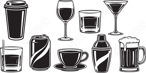 Illustration of various drinks and glasses in black and white