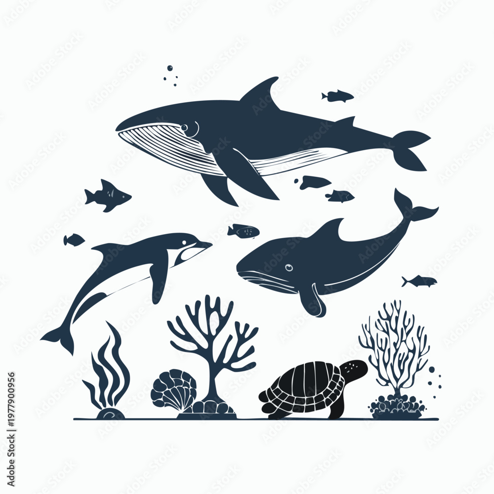 Fototapeta premium Composition of various marine animals and underwater elements on the seabed a large whale dolphin fish sea turtle corals with grunge texture deep sea wildlife