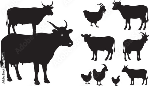 Black silhouettes of cows goats and chickens on white