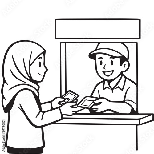 A vector illustration of a Muslim woman paying cash at a cashier, showing a modest outfit and calm expression, capturing a simple everyday shopping moment in a clean style.