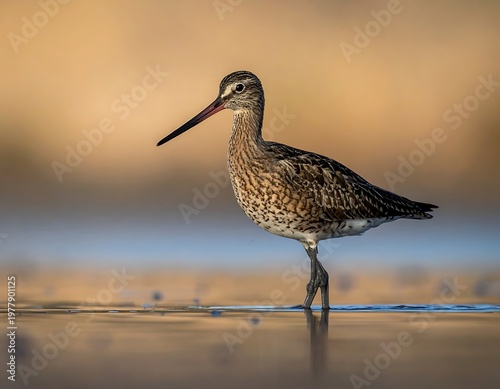 A shorebird stands in shallow water, captured in a portrait shot. The bird's long beak and mottled plumage stand out