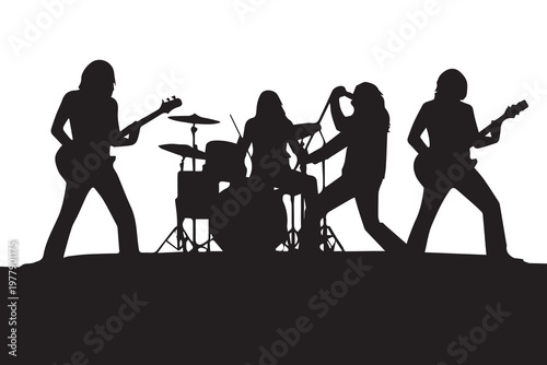 A vector silhouette of a band performing on stage, featuring a vocalist, guitarist, bassist, and drummer, capturing the energy and excitement of a live concert in bold artistic style.