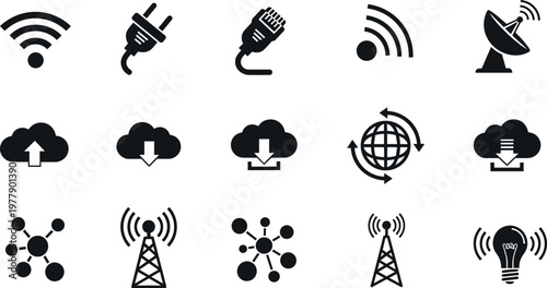 Wireless communication and network icon set featuring wifi signal cloud upload download satellite antenna and global connectivity symbols for digital use