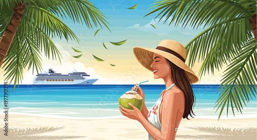 Woman Drinking Coconut on Tropical Beach with Cruise Ship
