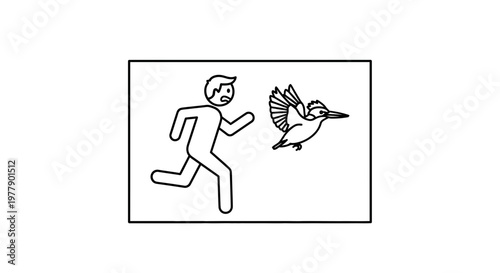 Man Chased by Bird, Cartoon Style, Running Away From Flying Animal
