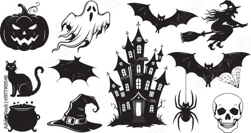 Halloween icons and symbols in black and white illustration