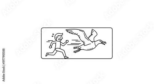 Man running away from a seagull, funny cartoon illustration, fear and chase concept