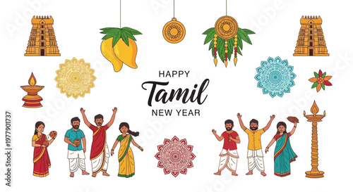Tableau sur toile Vibrant vector illustrations celebrating the Tamil New Year festival, featuring