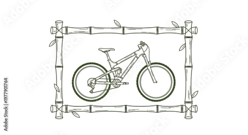 Hand-drawn sketch of a mountain bike framed by bamboo, representing outdoor adventure and eco-friendly transport.