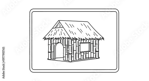 Hand-drawn sketch of a rustic bamboo hut with a thatched roof, simple dwelling illustration