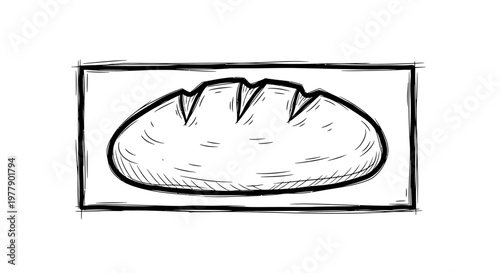 Hand-drawn sketch of a rustic loaf of bread on a cutting board, black and white illustration.