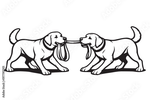 A cute vector illustration of two playful dogs pulling on a rope together, tugging in opposite directions with joyful expressions, creating a lively and fun moment full of energy.