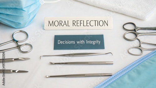 Medical instruments arranged with ethical phrases promoting moral reflection and integrity in healthcare decisions