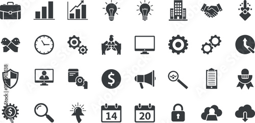 Business and corporate icon set featuring management analytics communication security finance and workflow symbols for digital applications and office use