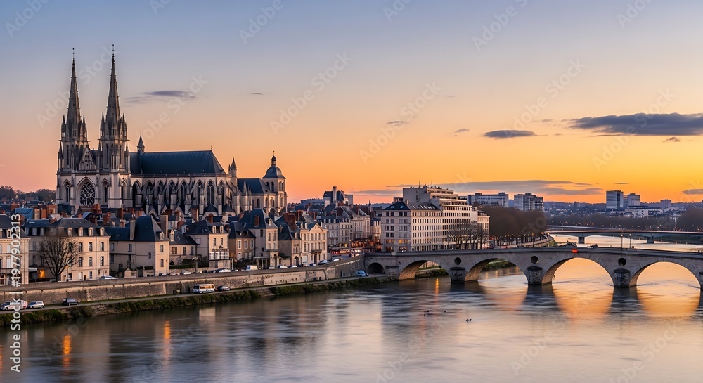 Fototapeta premium Cityscape view of a river with buildings and bridge at sunset