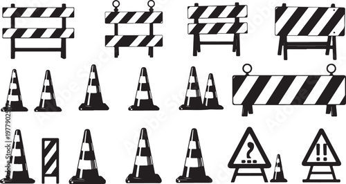 Road construction signs and traffic cones illustration set black