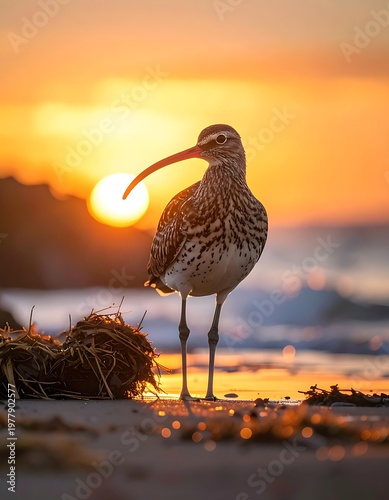 A shorebird stands tall as the sun sets, casting an orange glow. The scene is on a sandy beach, with ocean waves in the background