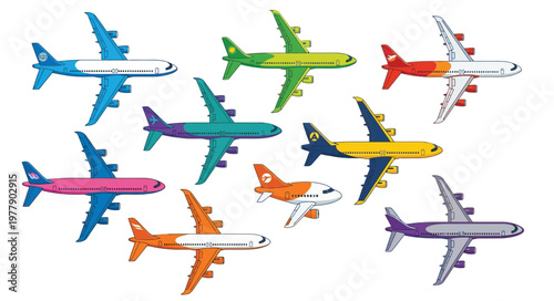 Colorful airplanes arranged in a playful illustrative composition