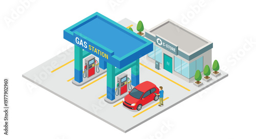 Isometric illustration of a modern gas station with a convenience store