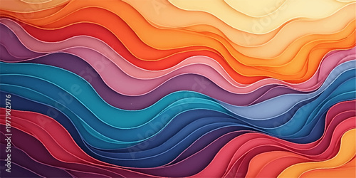 Abstract colorful waves in a vector design pattern create a vibrant rainbow curve illustration with blue and orange light textures for a modern web banner backdrop