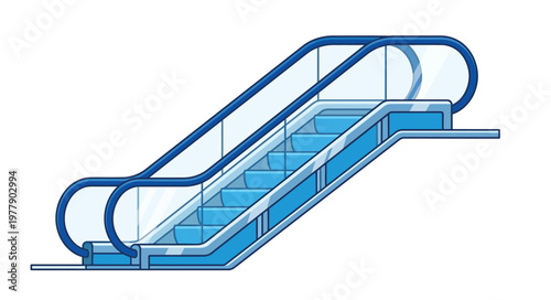 Cartoon illustration of a blue escalator with metal handrails and steps