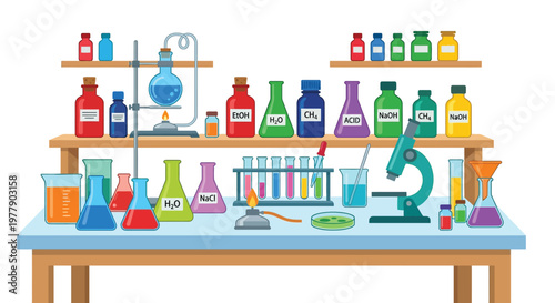 A colorful chemistry laboratory setup with various glassware and equipment