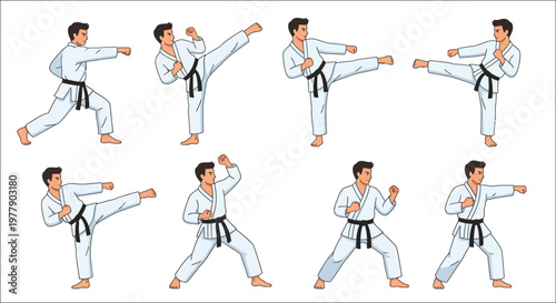 Illustration of martial arts poses karate kicks and punches