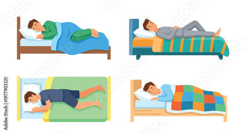 Four illustrations depicting men sleeping in different positions