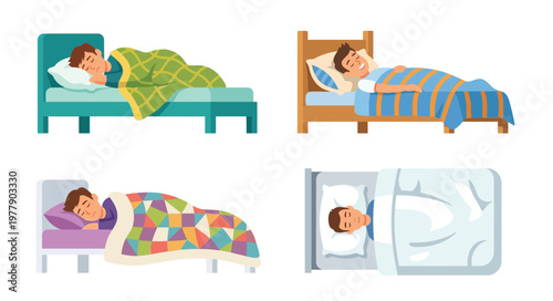 Four illustrations depicting people peacefully sleeping in different beds