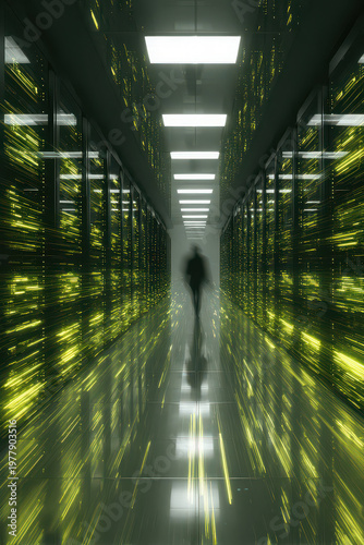 People working in a high-tech data center with glowing speed lines of code running through servers.