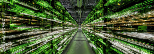 People working in a high-tech data center with glowing speed lines of code running through servers.