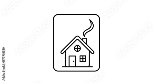 Cozy House Icon with Smoke from Chimney - Simple Line Art for Real Estate and Home Comfort