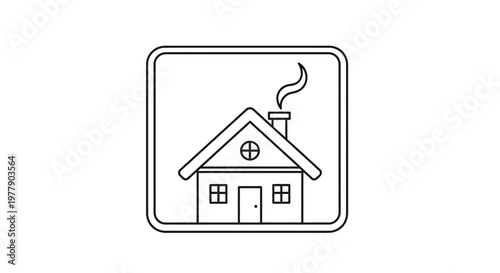 Cozy House Icon with Smoke from Chimney, Simple Line Art, Warm Home Symbol