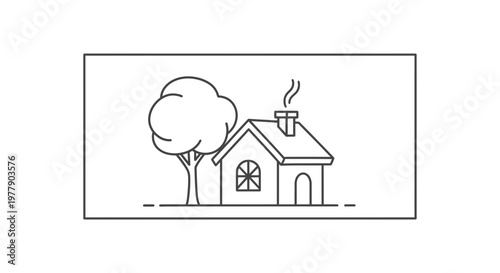 Cozy House with Tree and Smoke from Chimney, Simple Line Art Illustration