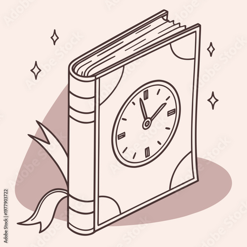 Illustrated hardcover book with a clock on its cover and a decorative ribbon, symbolizing time management and history.